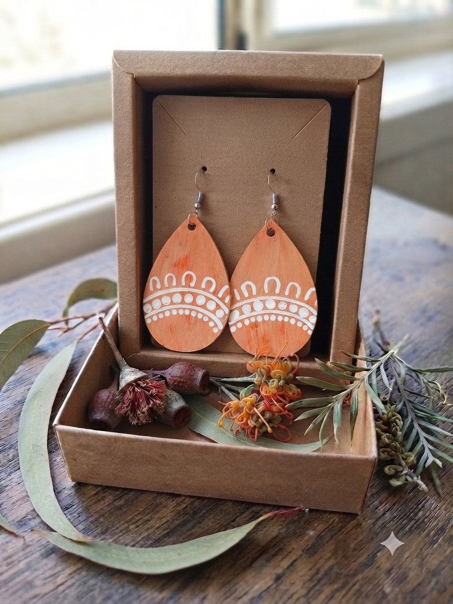 Orange – Hand-Painted Aboriginal Art Sterling Silver Teardrop Earrings (Style 5)