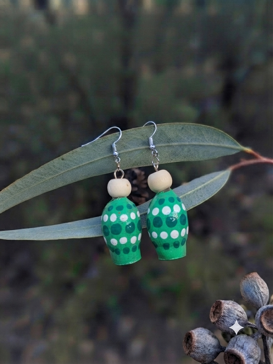 Green – Hand-Painted Aboriginal Art Sterling Silver Gumnut Earrings