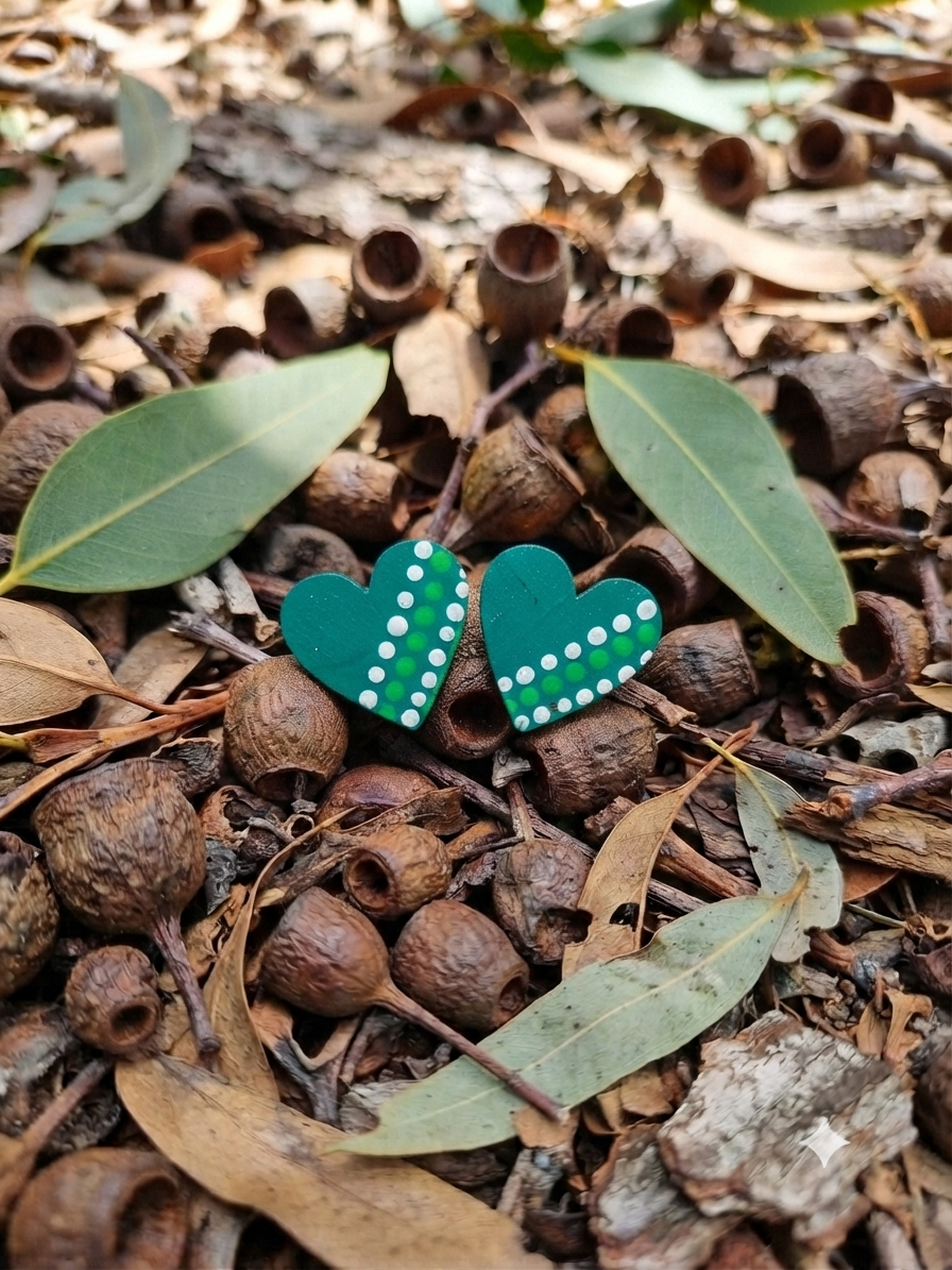 Green – Hand-Painted Aboriginal Art Heart Stud Earrings