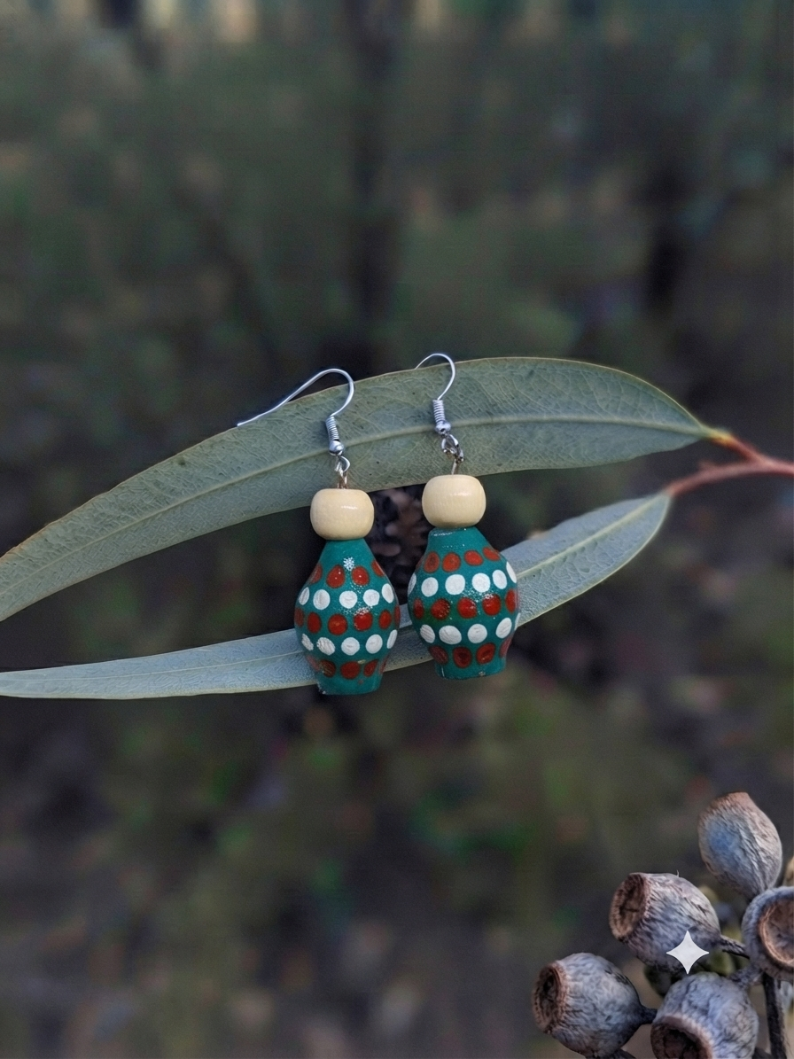 Green – Hand-Painted Aboriginal Art Sterling Silver Gumnut Earrings