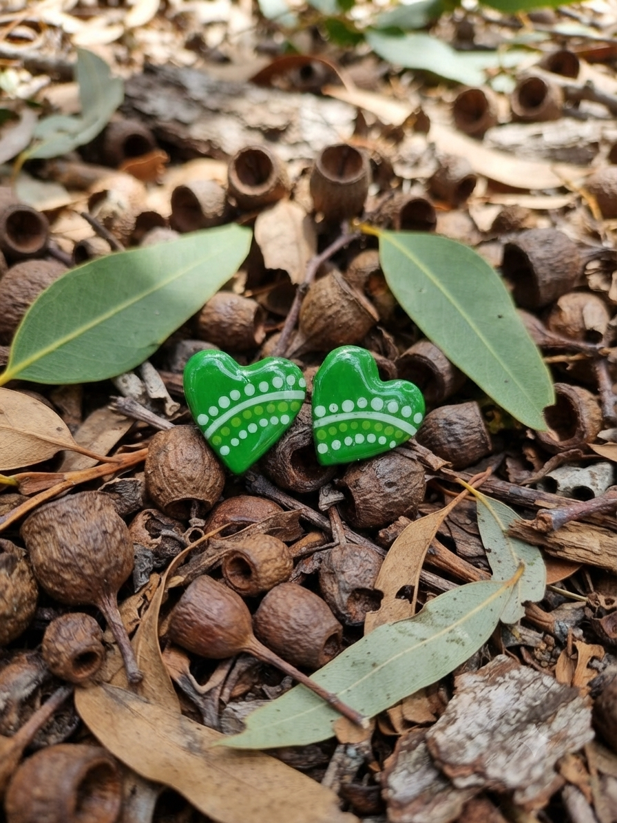 Green – Hand-Painted Aboriginal Art Heart Stud Earrings