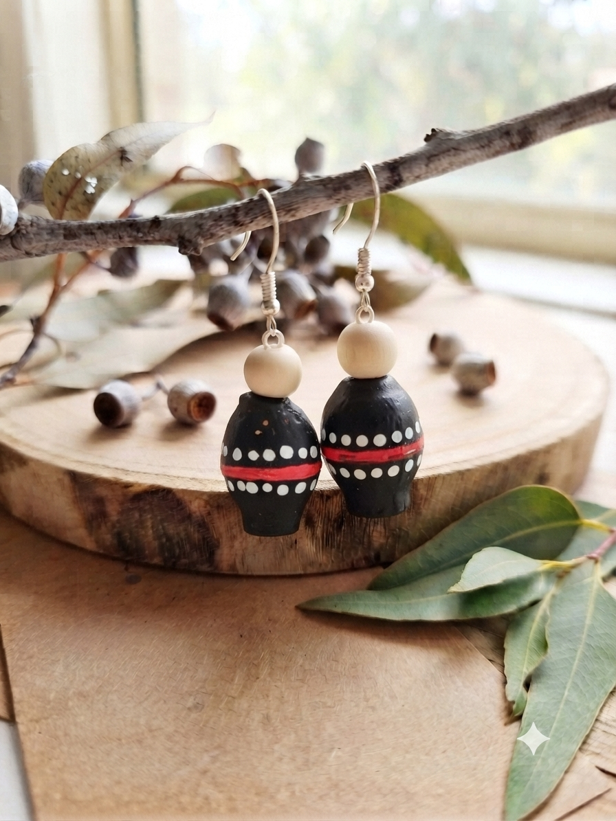 Black Multi Colour – Hand-Painted Aboriginal Art Gumnut Earrings