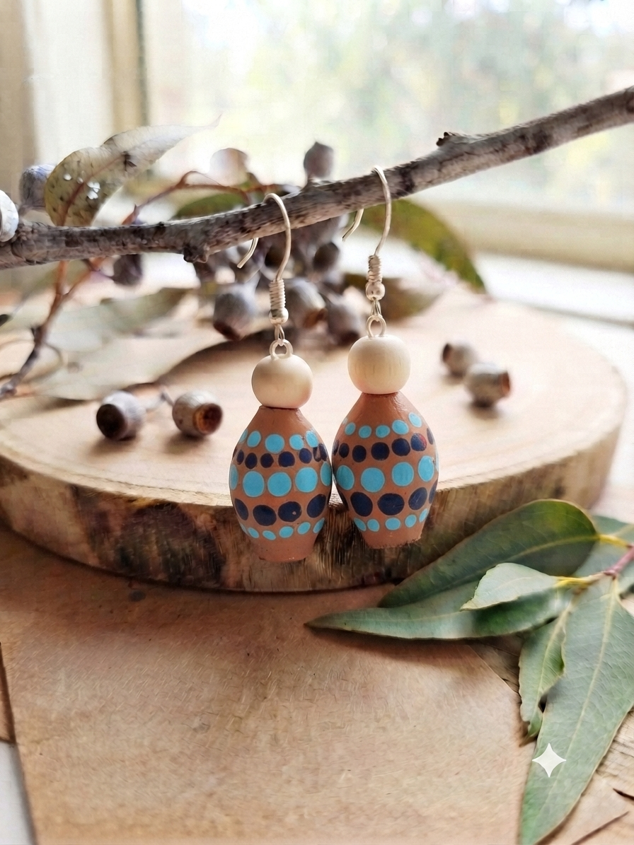 Brown and Blue – Hand-Painted Aboriginal Art Gumnut Earrings