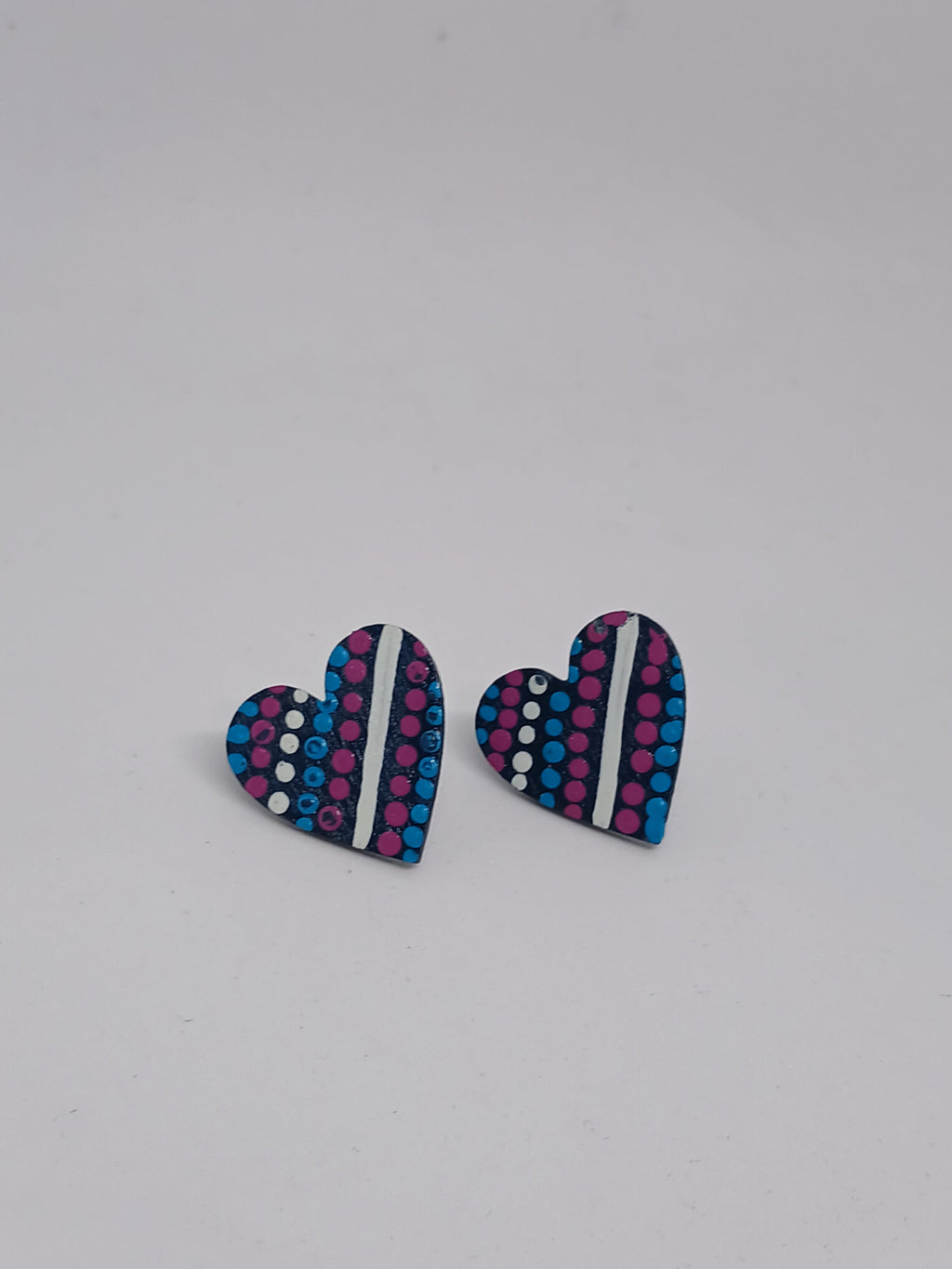 Blue, Pink, Blue & White – Hand-Painted Aboriginal Art Heart Stud Earrings (20mm)