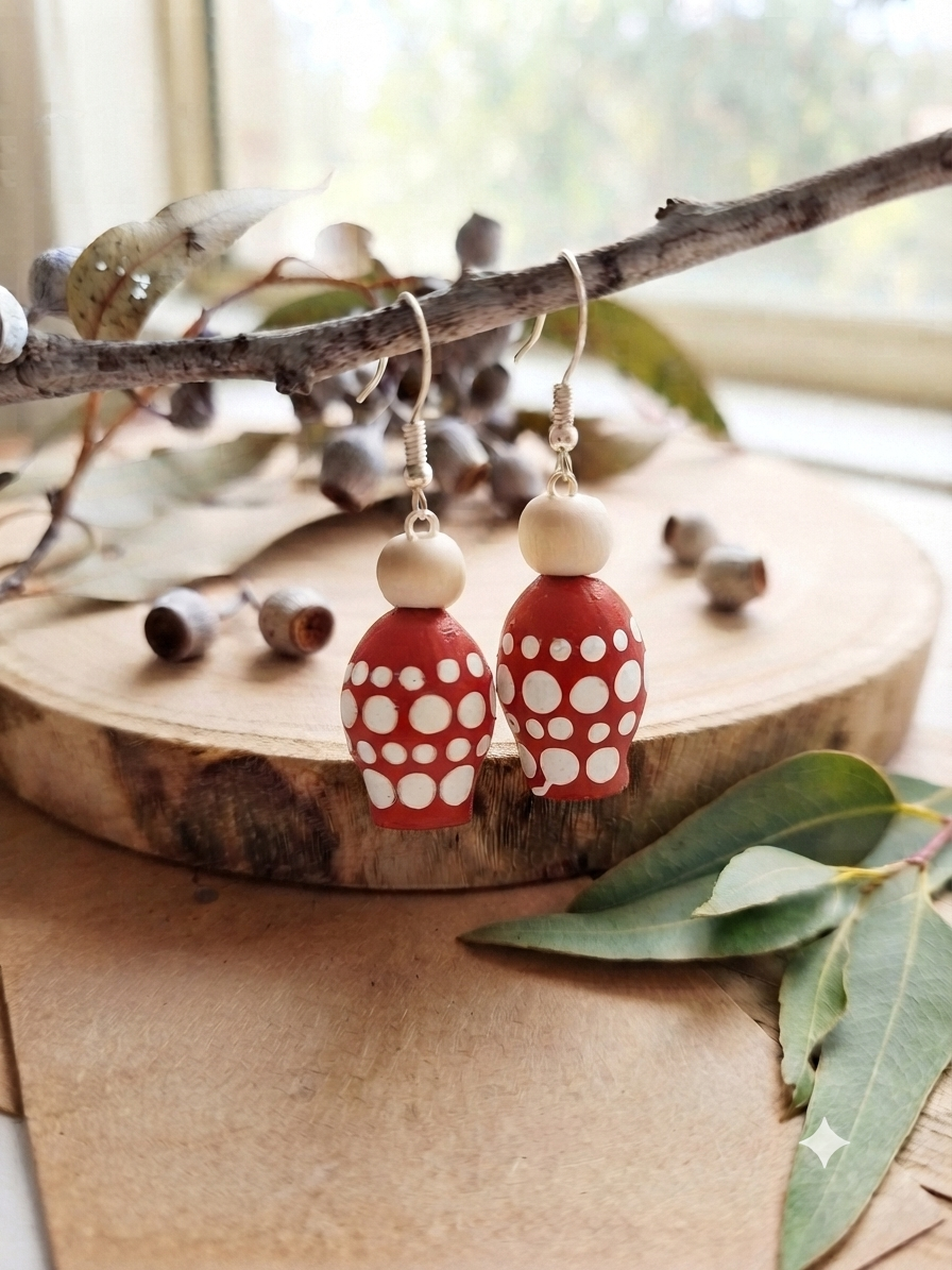 Red – Hand-Painted Aboriginal Art Gumnut Earrings