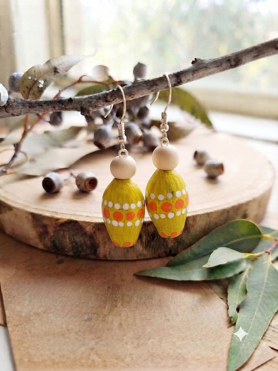 Yellow – Hand-Painted Aboriginal Art Gumnut Earrings