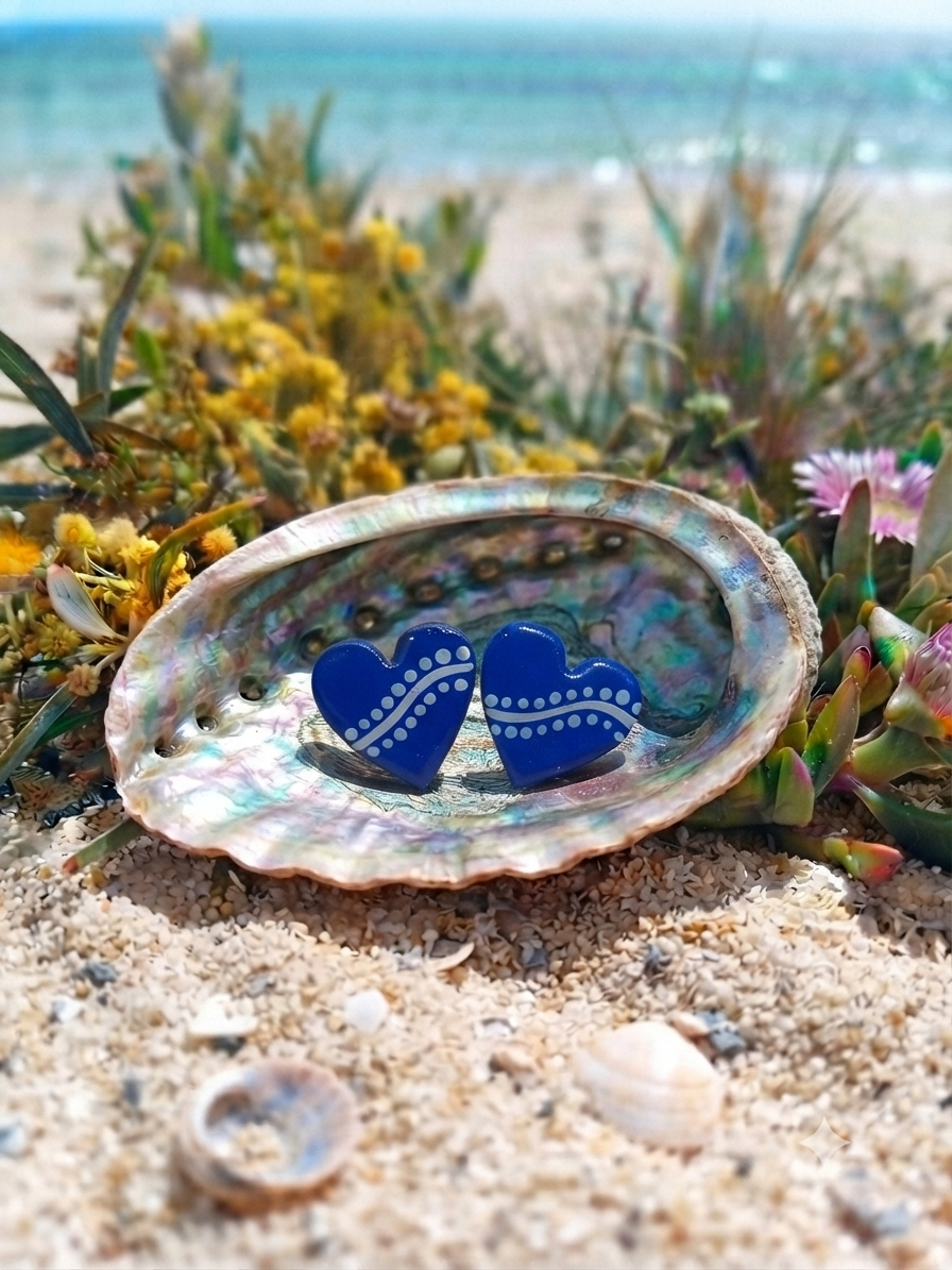 Blue – Hand-Painted Aboriginal Art Heart Stud Earrings (Style 4)