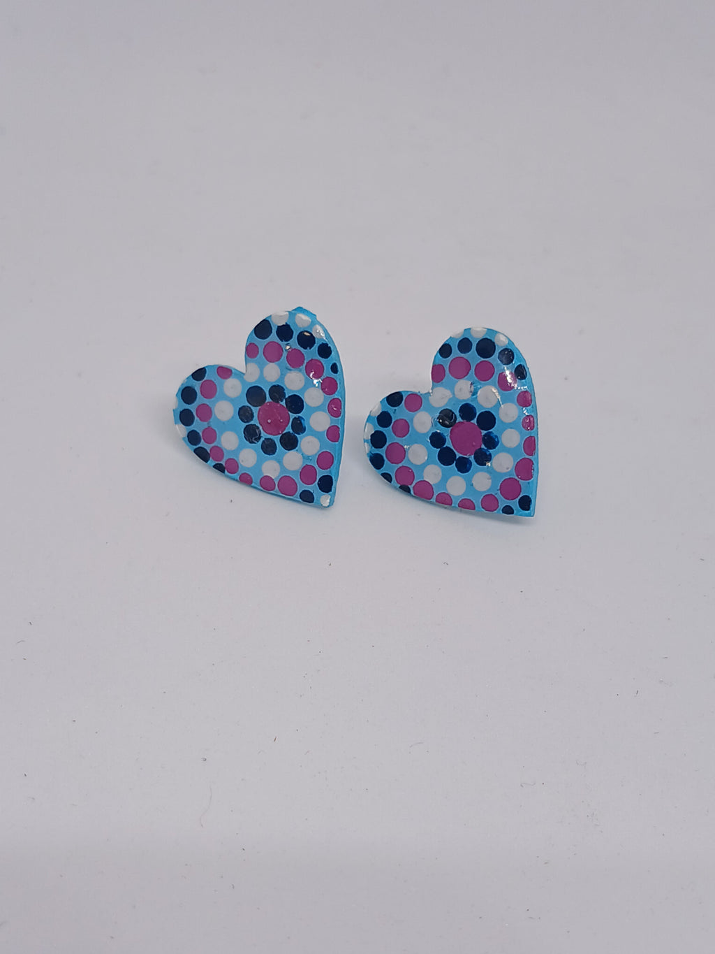 Blue, pink & navy – Hand-Painted Aboriginal Art Heart Stud Earrings (20mm)