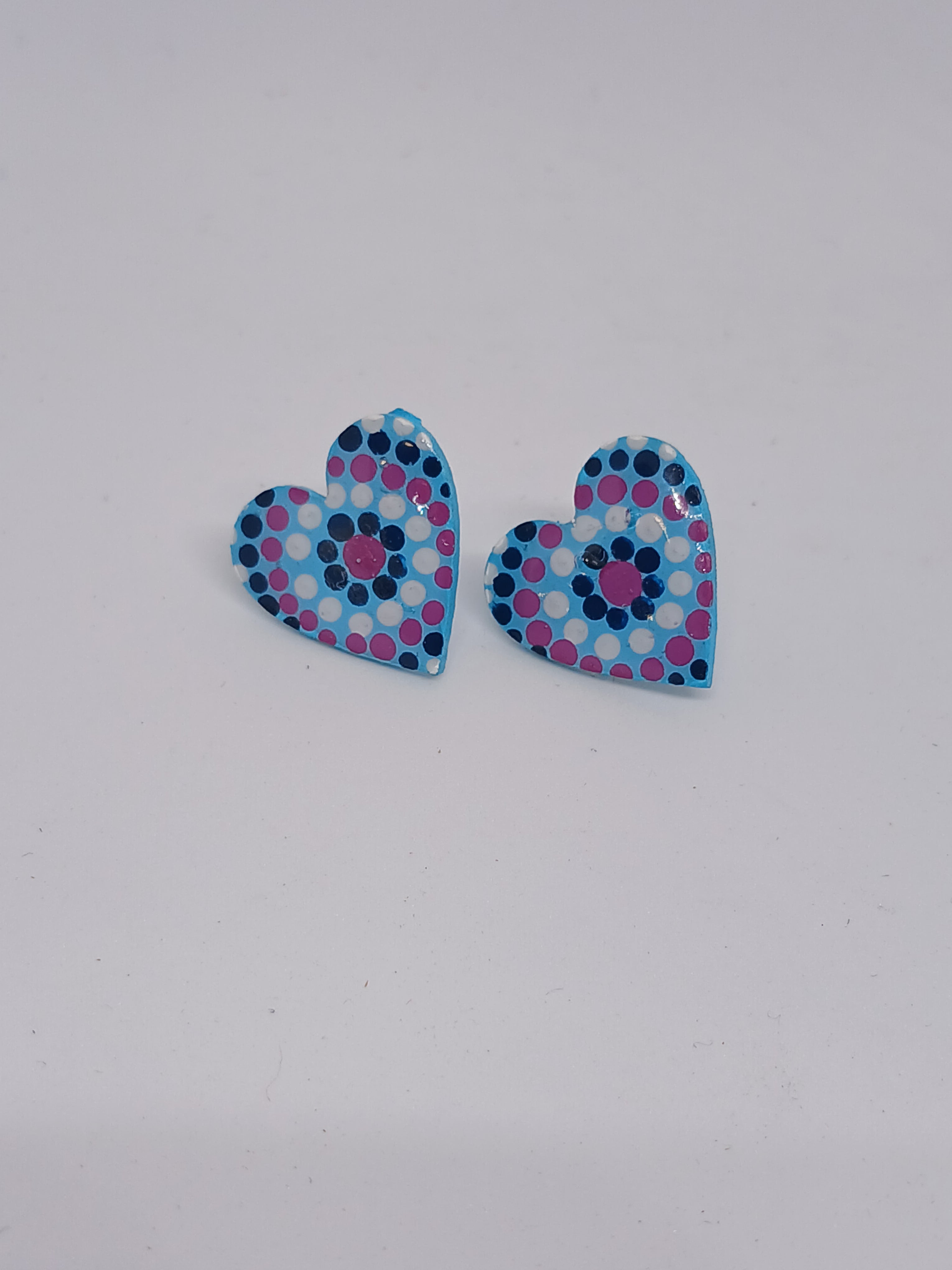 Blue, pink & navy – Hand-Painted Aboriginal Art Heart Stud Earrings (20mm)
