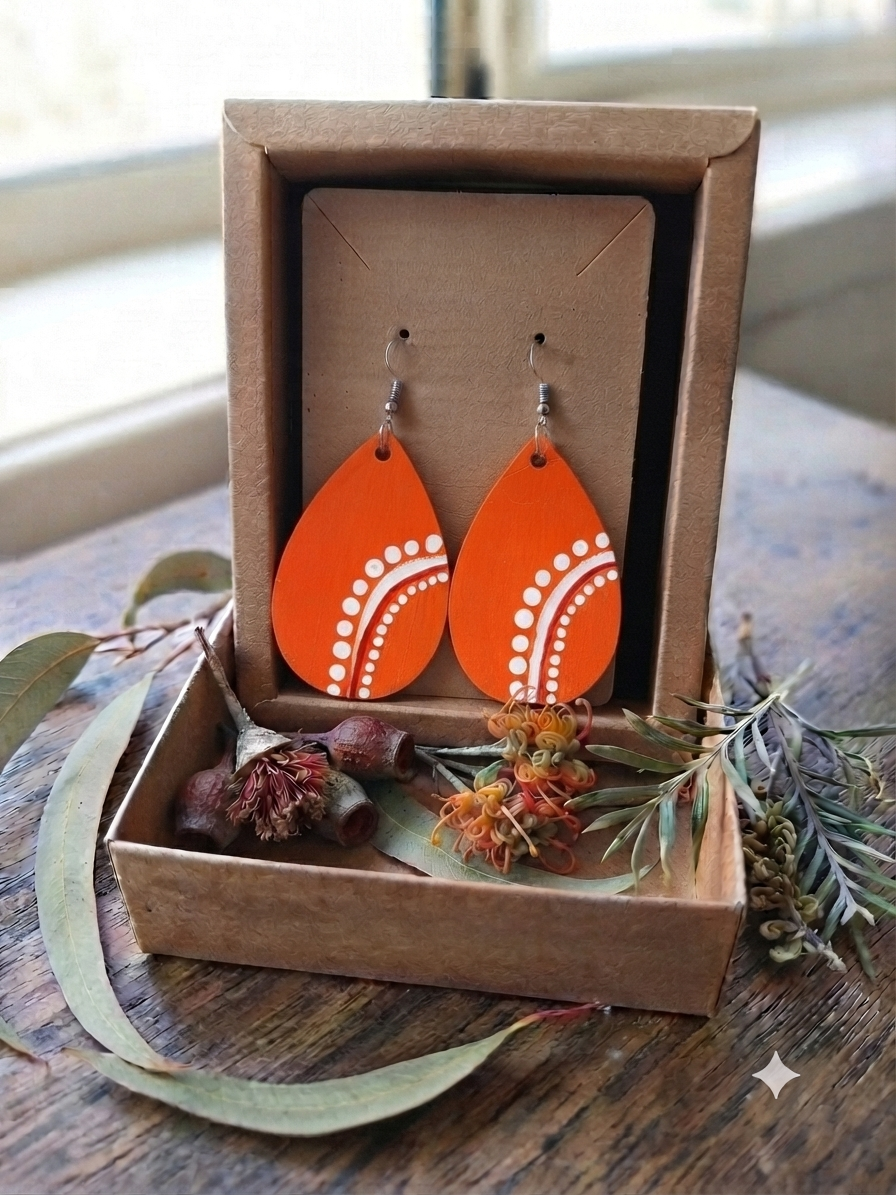 Orange – Hand-Painted Aboriginal Art Sterling Silver Teardrop Earrings (Style 2)
