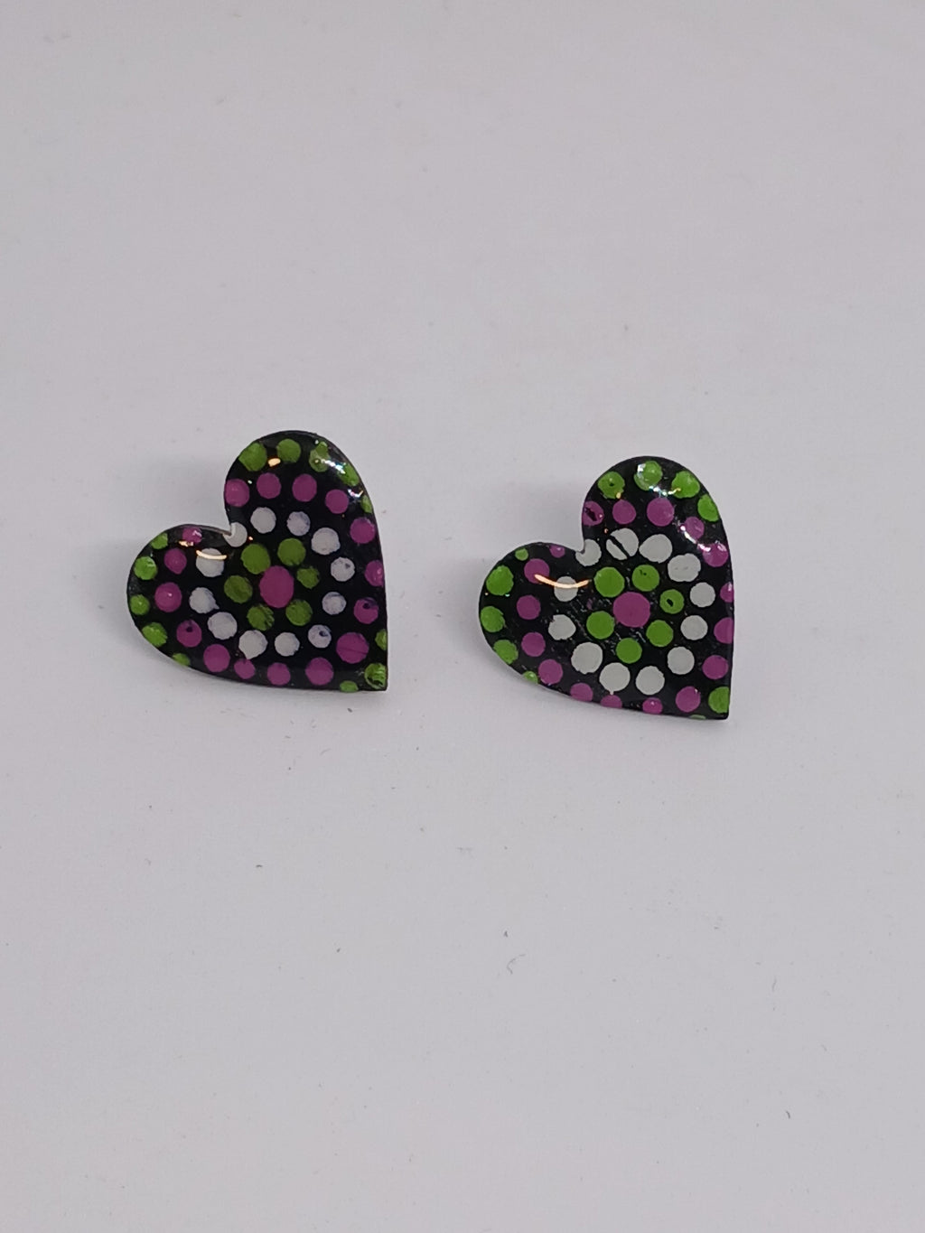 Black, Pink, Lime & White – Hand-Painted Aboriginal Art Heart Stud Earrings (20mm)