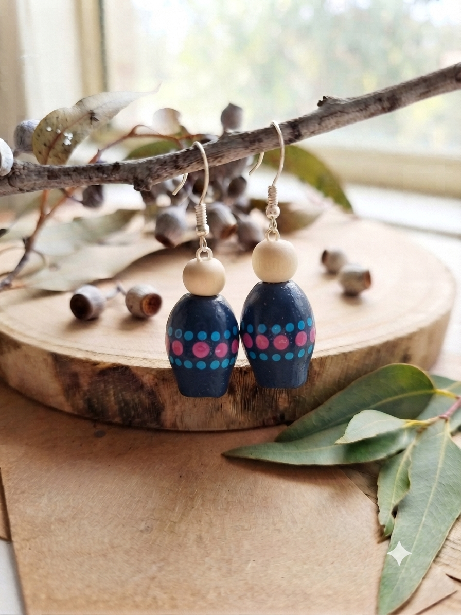 Blue – Hand-Painted Aboriginal Art Gumnut Earrings
