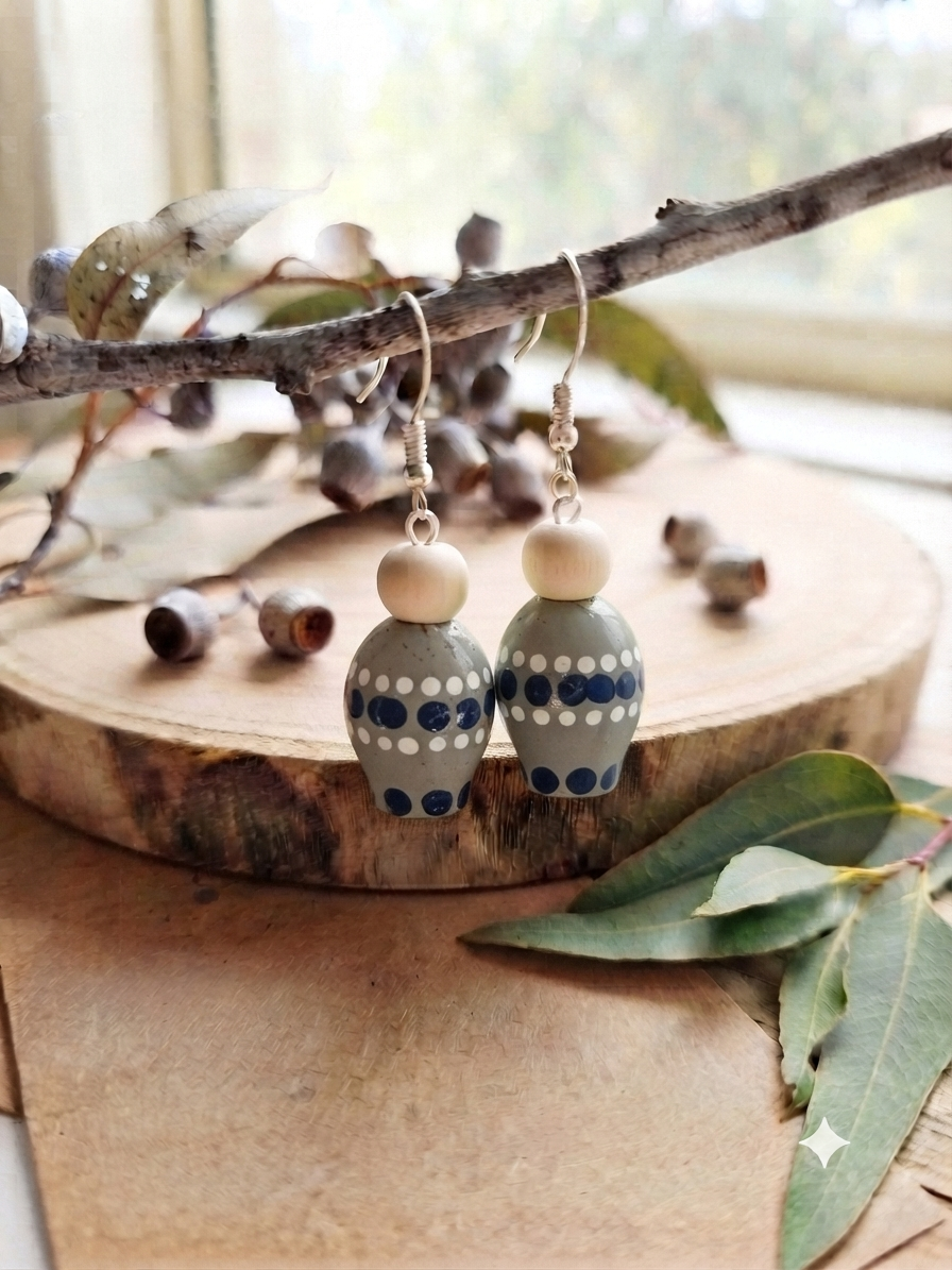 Grey – Hand-Painted Aboriginal Art Gumnut Earrings