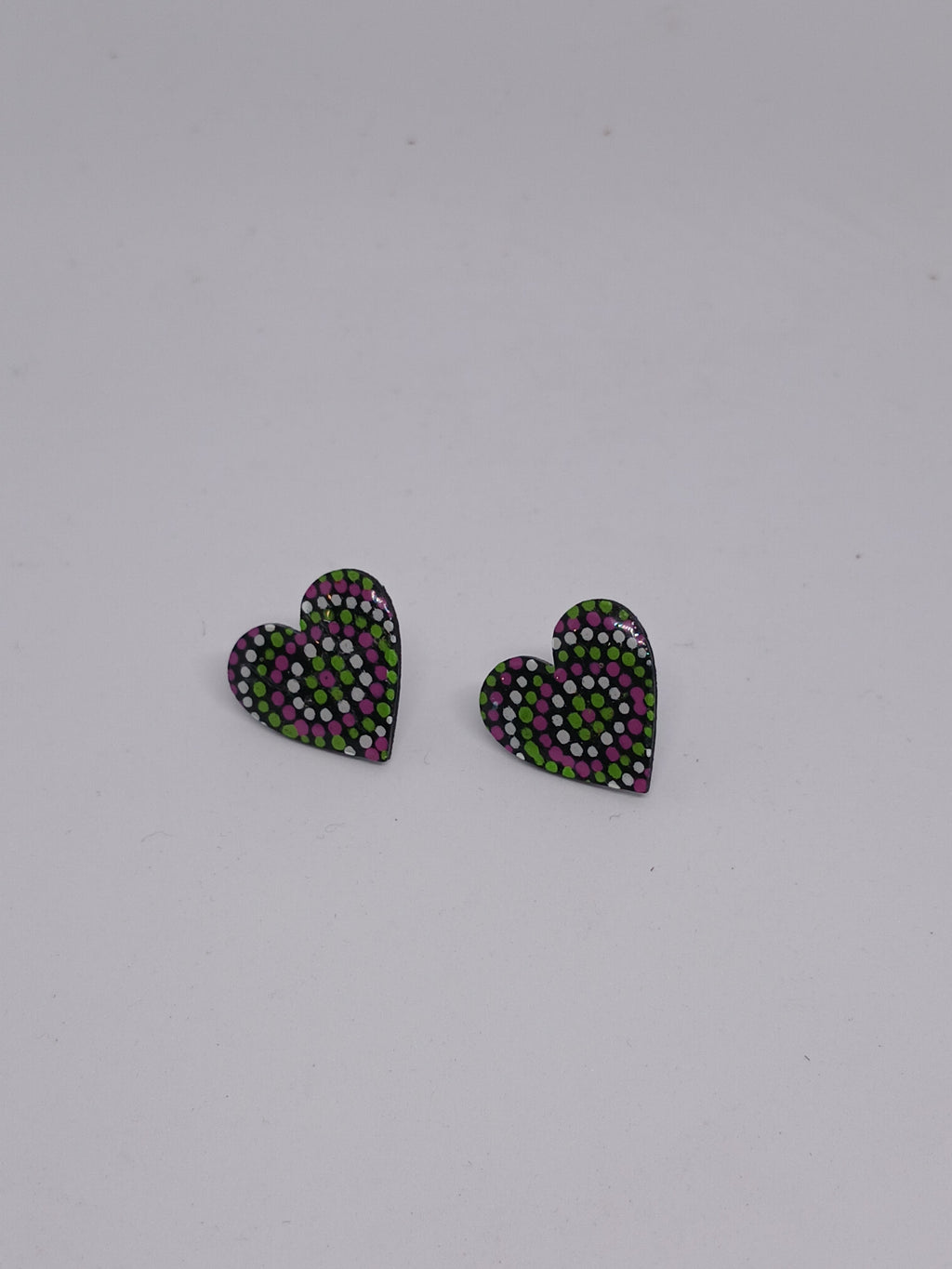 Purple, Green & White – Hand-Painted Aboriginal Art Heart Stud Earrings (20mm)