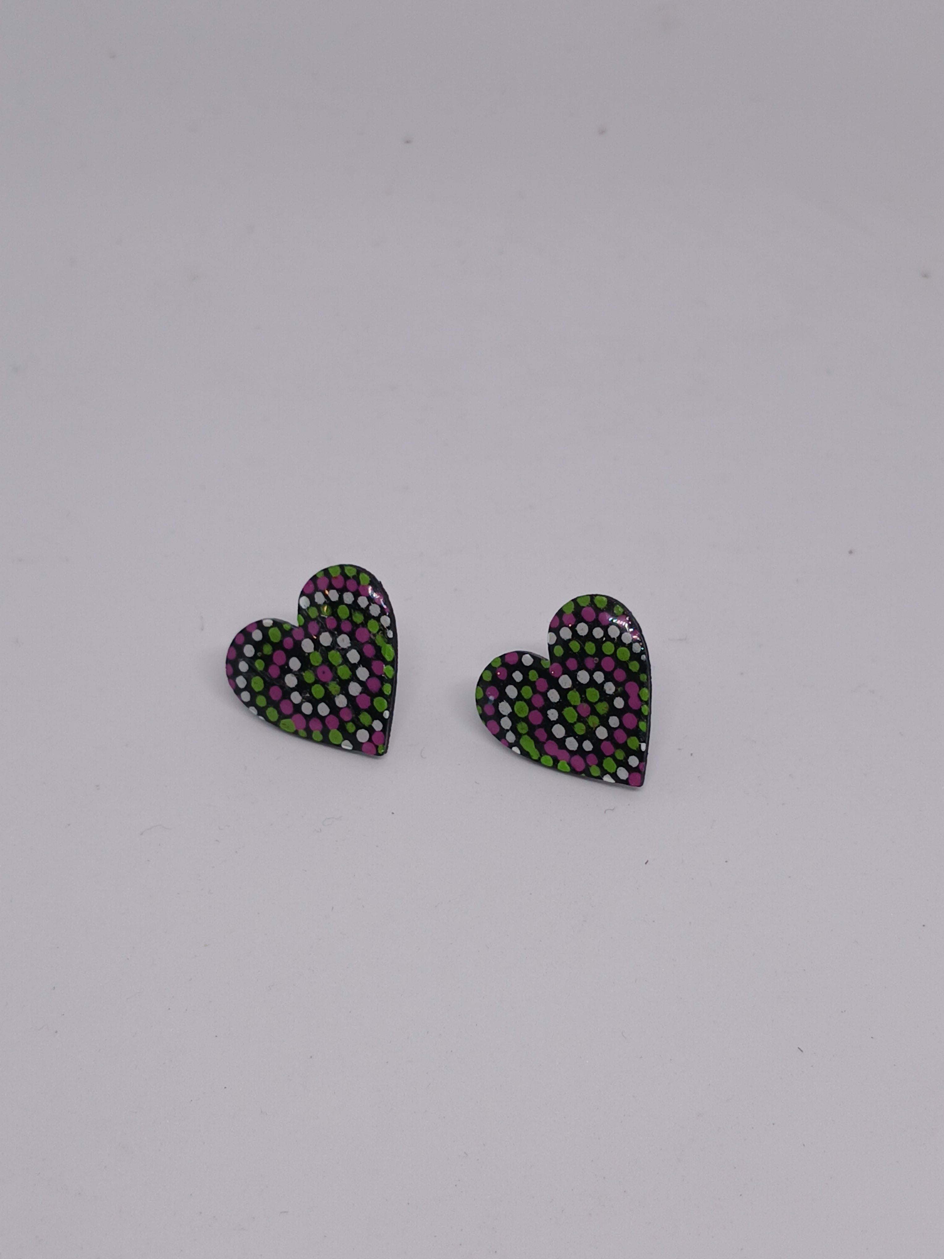 Purple, Green & White – Hand-Painted Aboriginal Art Heart Stud Earrings (20mm)