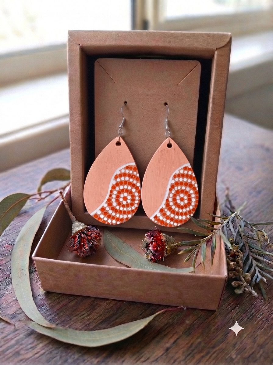 Let Us Meet – Hand-Painted Aboriginal Art Sterling Silver Teardrop Earrings – Orange