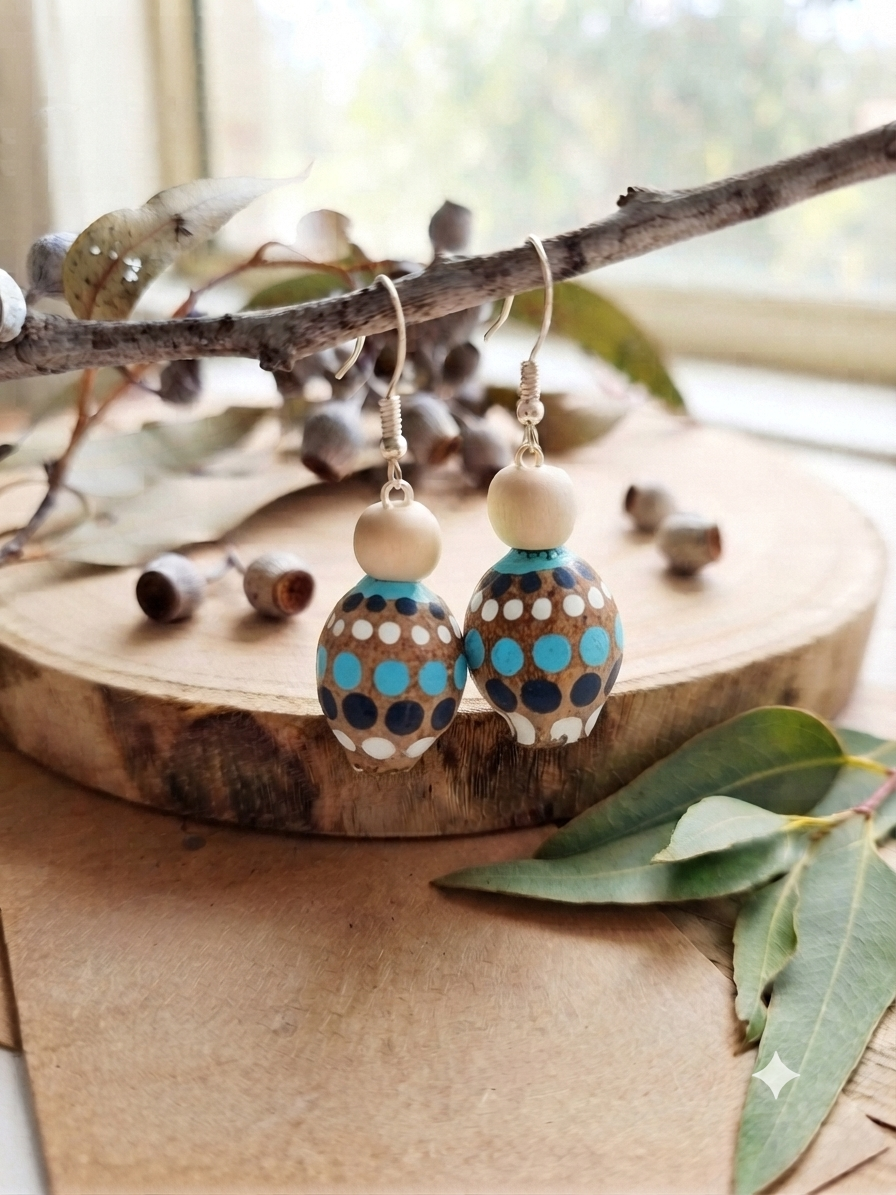 Brown and Blue – Hand-Painted Aboriginal Art Gumnut Earrings